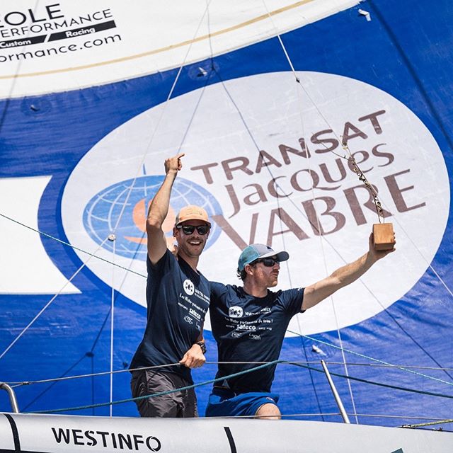 Le skipper Benjamin Dutreux à la fin de la Transat Jacques Vabre 2019 avec son coéquipier